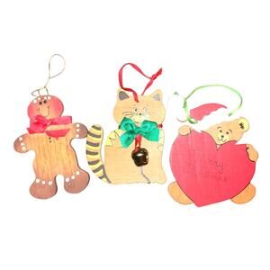 Vntg 1988 Kurt Adler Hand Painted Wood Ornaments Cat Ginger Bread Man Bear